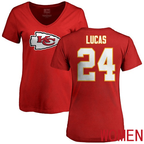 Women Football Kansas City Chiefs #24 Lucas Jordan Red Name and Number Logo Slim Fit T-Shirt->nfl t-shirts->Sports Accessory